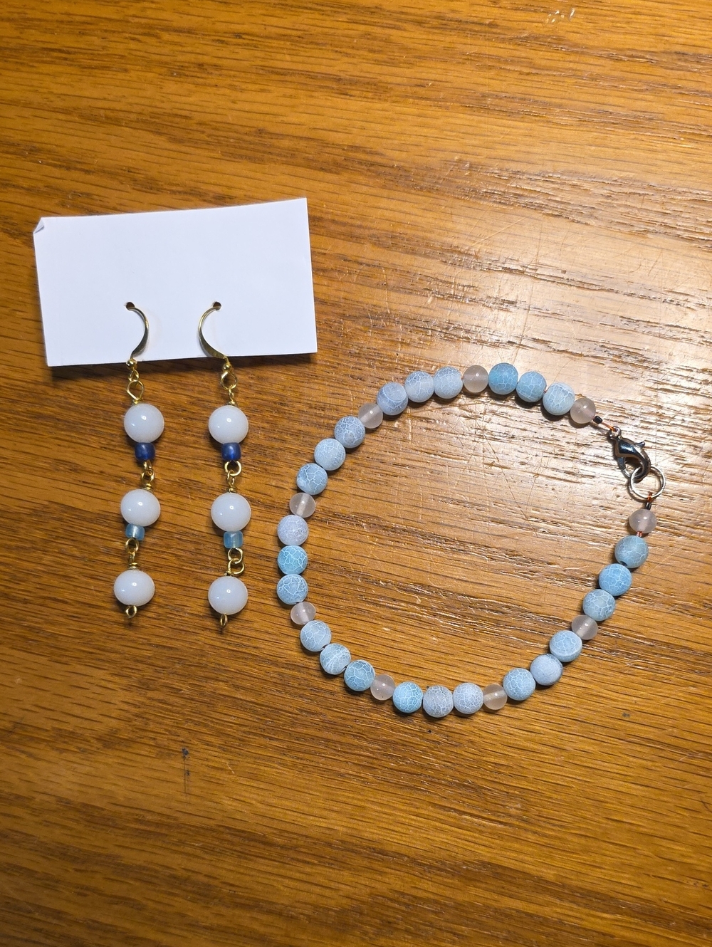 Blue & White Beaded Bracelet with Matching Earrings Set
